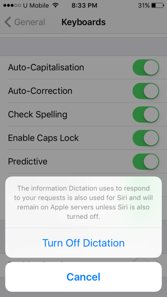 Cómo deshabilitar la dictación en iPhone a través de la configuración de dicción del iPhone
